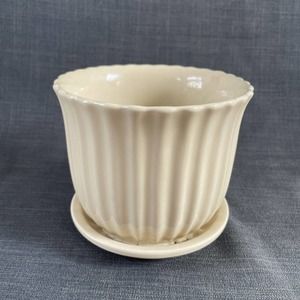 Vintage Norcal Pottery Planter Off White Cream Ribbed Attached Saucer 4.25" Tall